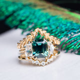 4.14ct Emerald Cut Sapphire and Cadillac White Sapphire Three Stone Ring in 14k Yellow Gold