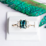 4.14ct Emerald Cut Sapphire and Cadillac White Sapphire Three Stone Ring in 14k Yellow Gold