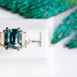 4.14ct Emerald Cut Sapphire and Cadillac White Sapphire Three Stone Ring in 14k Yellow Gold