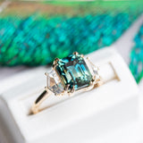 4.14ct Emerald Cut Sapphire and Cadillac White Sapphire Three Stone Ring in 14k Yellow Gold