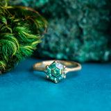 7mm Hexagon Moissanite Six Prong Split Shank Satin Solitaire in 18k Yellow Gold