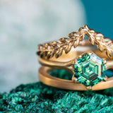 7mm Hexagon Moissanite Six Prong Split Shank Satin Solitaire in 18k Yellow Gold