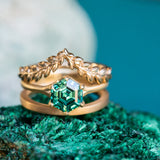 7mm Hexagon Moissanite Six Prong Split Shank Satin Solitaire in 18k Yellow Gold