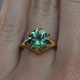 3.50ct Untreated Nigerian Teal Green Sapphire Six Prong Split Shank Solitaire in 18k Yellow Gold