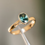 0.92ct Oval Sapphire Bezel Set Ring with Organic Alluvial Band In 14k Yellow Gold