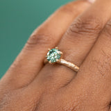 0.91ct Round Green Moissanite Evergreen Six Prong Solitaire in Satin 14k Yellow Gold