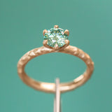 0.91ct Round Green Moissanite Evergreen Six Prong Solitaire in Satin 14k Yellow Gold