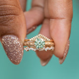 0.91ct Round Green Moissanite Evergreen Six Prong Solitaire in Satin 14k Yellow Gold