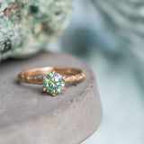 0.91ct Round Green Moissanite Evergreen Six Prong Solitaire in Satin 14k Yellow Gold