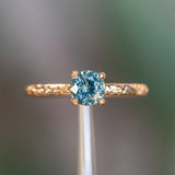 0.86ct Round Montana Sapphire Evergreen Carved Solitaire in 14k Yellow Gold