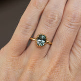 3.03ct Oval Montana Sapphire Scallop Cup Sapphire Solitaire in 18K Yellow Gold on the hand