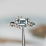 1.80ct Emerald Cut Denim Blue Sapphire and Asymmetrical Diamond Cluster Ring in Platinum