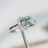 1.80ct Emerald Cut Denim Blue Sapphire and Asymmetrical Diamond Cluster Ring in Platinum