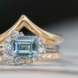 1.80ct Emerald Cut Denim Blue Sapphire and Asymmetrical Diamond Cluster Ring in Platinum