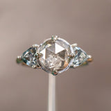 2.01ct Rosecut Salt & Pepper Diamond and Spinel Three Stone Antique Style Low Profile Ring in two-tone 18k Yellow and Platinum