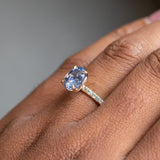 2.44ct Oval Madagascar Sapphire with French Set Montana Sapphires and Salt & Pepper Diamond Solitaire in 14k Yellow Gold