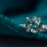 1.15ct Teal-Color Shifting Madagascar Sapphire Four Prong Solitaire with French Diamonds in Platinum