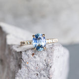 2.44ct Oval Madagascar Sapphire with French Set Montana Sapphires and Salt & Pepper Diamond Solitaire in 14k Yellow Gold