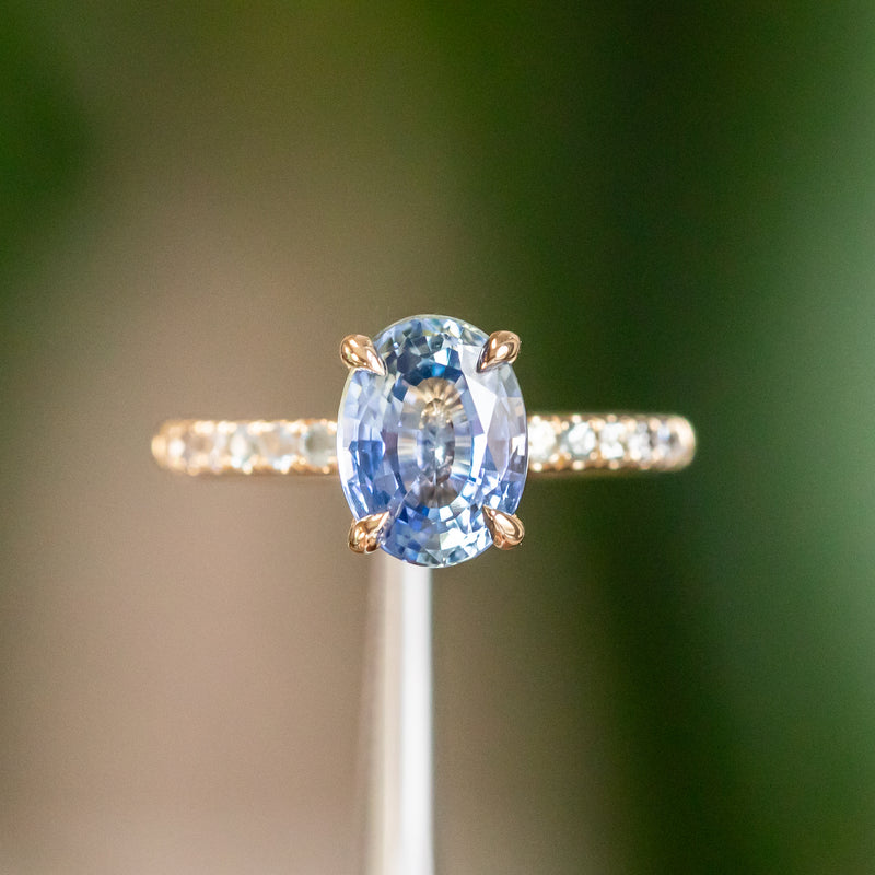 2.44ct Oval Madagascar Sapphire with French Set Montana Sapphires and Salt & Pepper Diamond Solitaire in 14k Yellow Gold