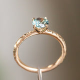 0.95ct Round Montana Sapphire Evergreen Carved Solitaire Ring in 14k Yellow Gold