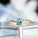 0.95ct Round Montana Sapphire Evergreen Carved Solitaire Ring in 14k Yellow Gold