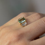 1.90ct Seafoam Emerald Cut Montana Sapphire and White Sapphire Three Stone Ring in 14k Yellow Gold