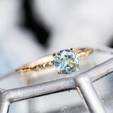 0.95ct Round Montana Sapphire Evergreen Carved Solitaire Ring in 14k Yellow Gold