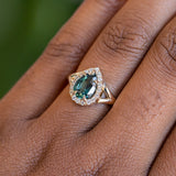 1.58ct Pear Sapphire Low Profile Split Shank Diamond Halo in 14k Yellow Gold