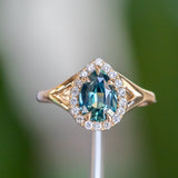 1.58ct Pear Sapphire Low Profile Split Shank Diamond Halo in 14k Yellow Gold