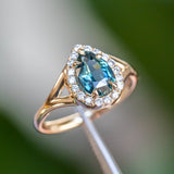 1.58ct Pear Sapphire Low Profile Split Shank Diamond Halo in 14k Yellow Gold