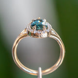 1.58ct Pear Sapphire Low Profile Split Shank Diamond Halo in 14k Yellow Gold