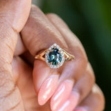 1.58ct Pear Sapphire Low Profile Split Shank Diamond Halo in 14k Yellow Gold