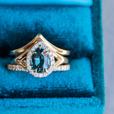 1.58ct Pear Sapphire Low Profile Split Shank Diamond Halo in 14k Yellow Gold