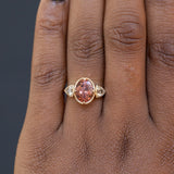 2.85ct Dusty Rose and Champagne Zircon Three Stone Antique Milgrain Low Profile Ring in 14k Yellow Gold on the hand