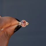 2.85ct Dusty Rose and Champagne Zircon Three Stone Antique Milgrain Low Profile Ring in 14k Yellow Gold