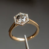 1.13ct Salt and Pepper and White Diamond Hexagon Halo Ring in 14k Yellow Gold