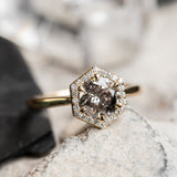 1.13ct Salt and Pepper and White Diamond Hexagon Halo Ring in 14k Yellow Gold