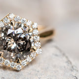 1.13ct Salt and Pepper and White Diamond Hexagon Halo Ring in 14k Yellow Gold