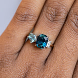 2.72ct Sapphire, 0.52ct Geo Sapphire and Diamond Baguette Three Stone Antique Style Low Profile Ring in two-tone Platinum and 18k Yellow Gold