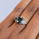 2.72ct Sapphire, 0.52ct Geo Sapphire and Diamond Baguette Three Stone Antique Style Low Profile Ring in two-tone Platinum and 18k Yellow Gold