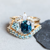 2.72ct Sapphire, 0.52ct Geo Sapphire and Diamond Baguette Three Stone Antique Style Low Profile Ring in two-tone Platinum and 18k Yellow Gold