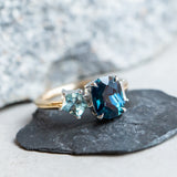 2.72ct Sapphire, 0.52ct Geo Sapphire and Diamond Baguette Three Stone Antique Style Low Profile Ring in two-tone Platinum and 18k Yellow Gold