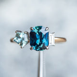 2.72ct Sapphire, 0.52ct Geo Sapphire and Diamond Baguette Three Stone Antique Style Low Profile Ring in two-tone Platinum and 18k Yellow Gold