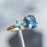 2.72ct Sapphire, 0.52ct Geo Sapphire and Diamond Baguette Three Stone Antique Style Low Profile Ring in two-tone Platinum and 18k Yellow Gold