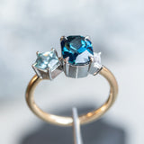 2.72ct Sapphire, 0.52ct Geo Sapphire and Diamond Baguette Three Stone Antique Style Low Profile Ring in two-tone Platinum and 18k Yellow Gold