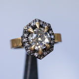 1.72ct Antique Old Mine Cut Diamond and Blackened Halo Antique Style ring in 18k Yellow Gold