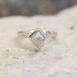 0.73ct Kite Shaped light grey salt and pepper Rosecut Diamond contemporary bezel solitaire in 14k white gold