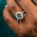 1.54ct Teal Kite Madagascar Sapphire and Double Diamond Halo in Platinum