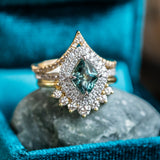 1.54ct Teal Kite Madagascar Sapphire and Double Diamond Halo in Platinum