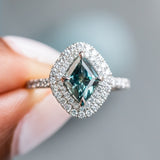 1.54ct Teal Kite Madagascar Sapphire and Double Diamond Halo in Platinum